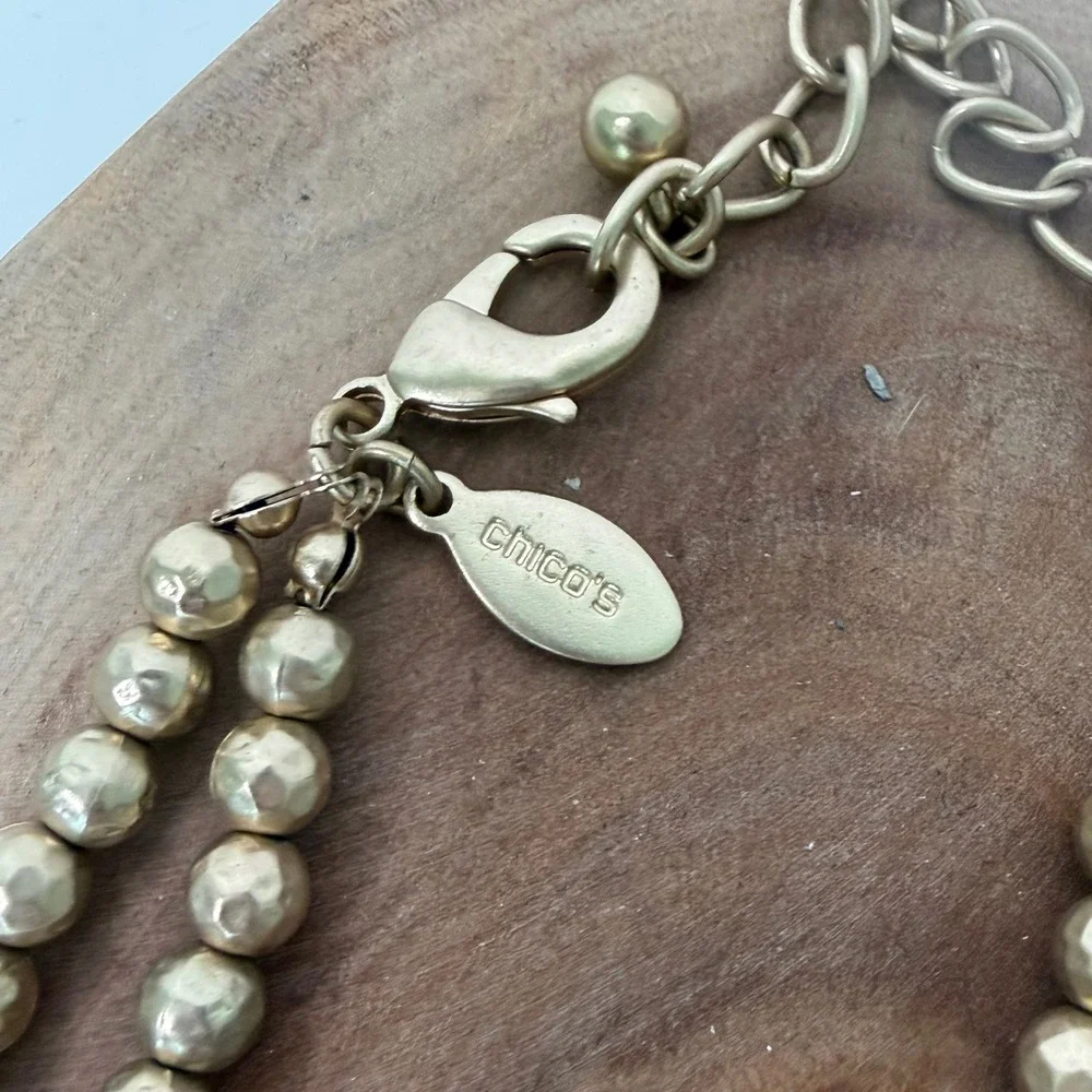 Chico's Beaded Necklace Womens Navy Blue Gold Statement Pendant Coastal OS